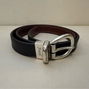 Fossil Men/Women Reversible Black Brown Leather Silver Metal Buckle 1" Belt 39”L
